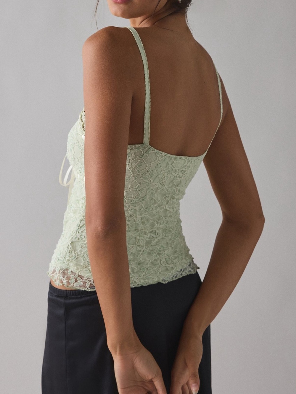 NWT UO Kimchi Blue Clover Lace + Ribbon Trim Cropped Cami Green Size S - Picture 3 of 11
